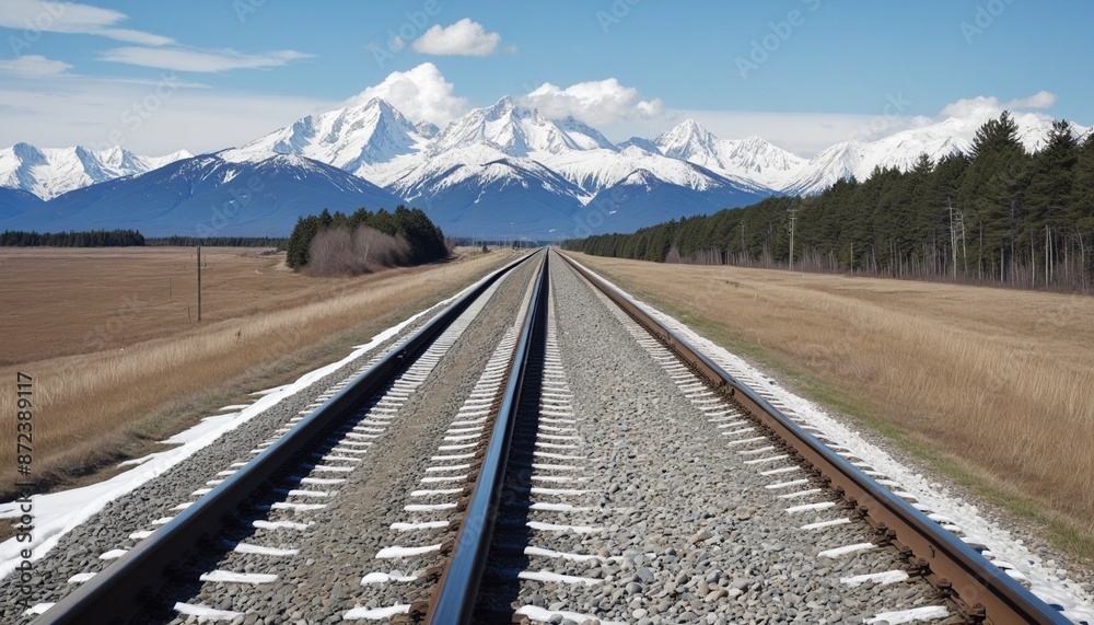 Fototapeta premium Railroad track on countryside rural area, illustration