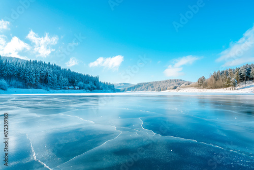 Fototapeta Naklejka Na Ścianę i Meble -  Blue ice and cracks on the surface of the ice. Frozen lake under a blue sky in the winter. The hills of pines. Winter