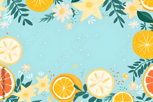 Light blue background with citrus fruits and tropical flowers in yellow and orange photo