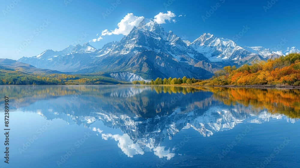 On a clear summer morning, the Grand Teton Mountains reflect in the water. On a clear summer morning, the Grand Teton Mountains reflect in the water.