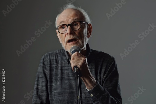 Senior man with grey hair and glasses speaking into microphone © ChaoticMind