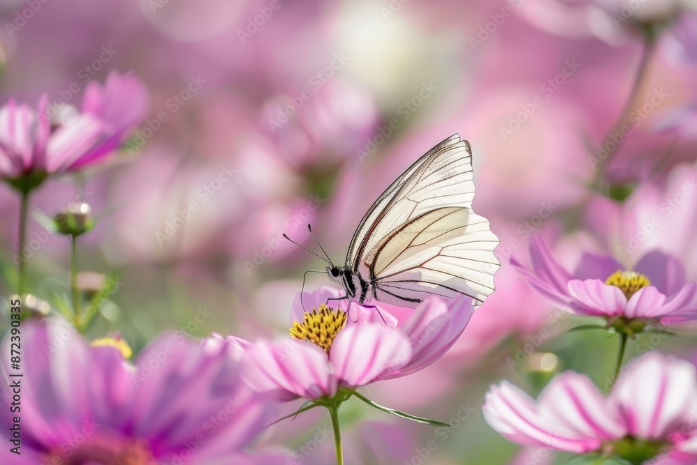White butterfly with black veins feeding on pink cosmos flower in a field White butterfly with black veins feeding on pink cosmos flower in a field