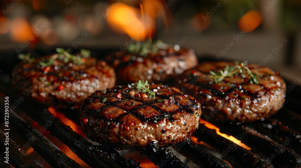 Sizzling beef burger meat patties on a barbecue with fire Sizzling beef burger meat patties on a barbecue with fire