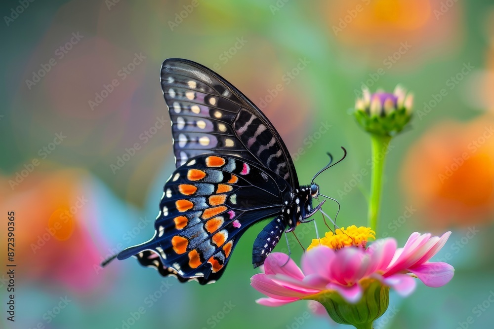 Black swallowtail butterfly extracting nectar from zinnia flower Black swallowtail butterfly extracting nectar from zinnia flower