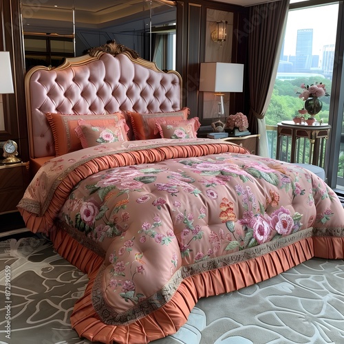 Elegant Floral Bedding in a Luxurious Bedroom