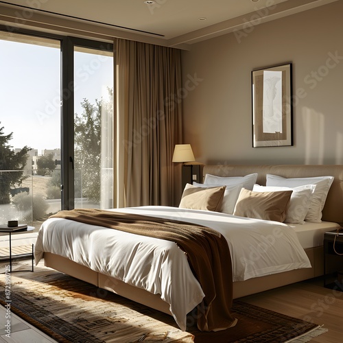 Modern Bedroom with Large Window and Beige Decor