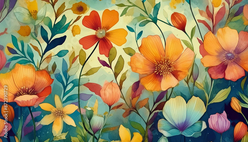 Wallpaper Mural A floral background, comic illustration style, vintage painting, and watercolor style , generated by AI. High quality photo Torontodigital.ca