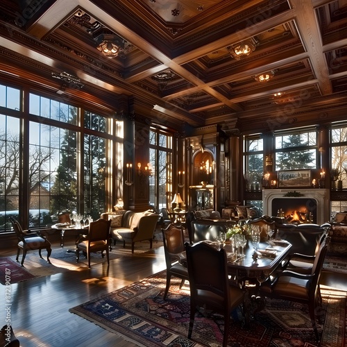 Elegant Dining Room with Intricate Woodwork and a Cozy Fireplace