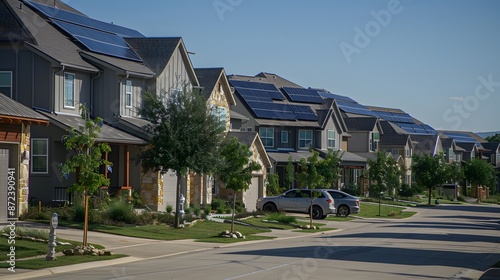 A row of the house with solar panels on a roof