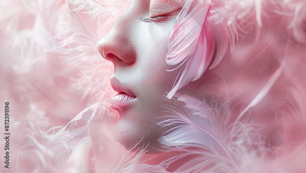Serene Woman's Face Surrounded by Soft Pink Feathers Serene Woman's Face Surrounded by Soft Pink Feathers