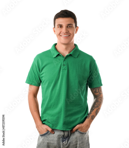 Handsome young man in stylish green t-shirt on white background