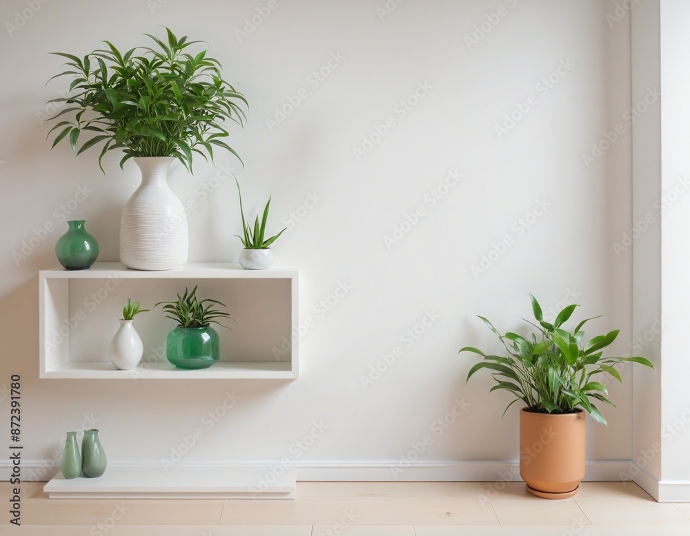 Wall mockup with Vase and green plant,White wall and shelf, minimalistic interior design Wall mockup with Vase and green plant,White wall and shelf, minimalistic interior design