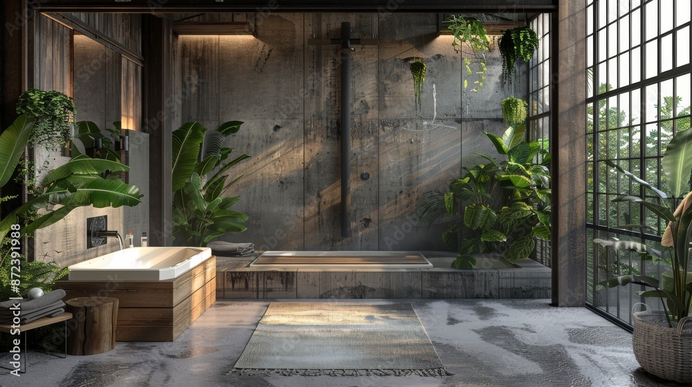 A brutalist interior design with wood walls, concrete floors, a comfortable bathtub and plants. A brutalist interior design with wood walls, concrete floors, a comfortable bathtub and plants.