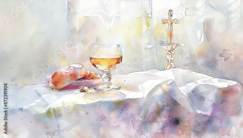 This digital watercolor painting depicts the symbols of the Lord's Supper: the Bible, the wine cup, and the bread on the table.