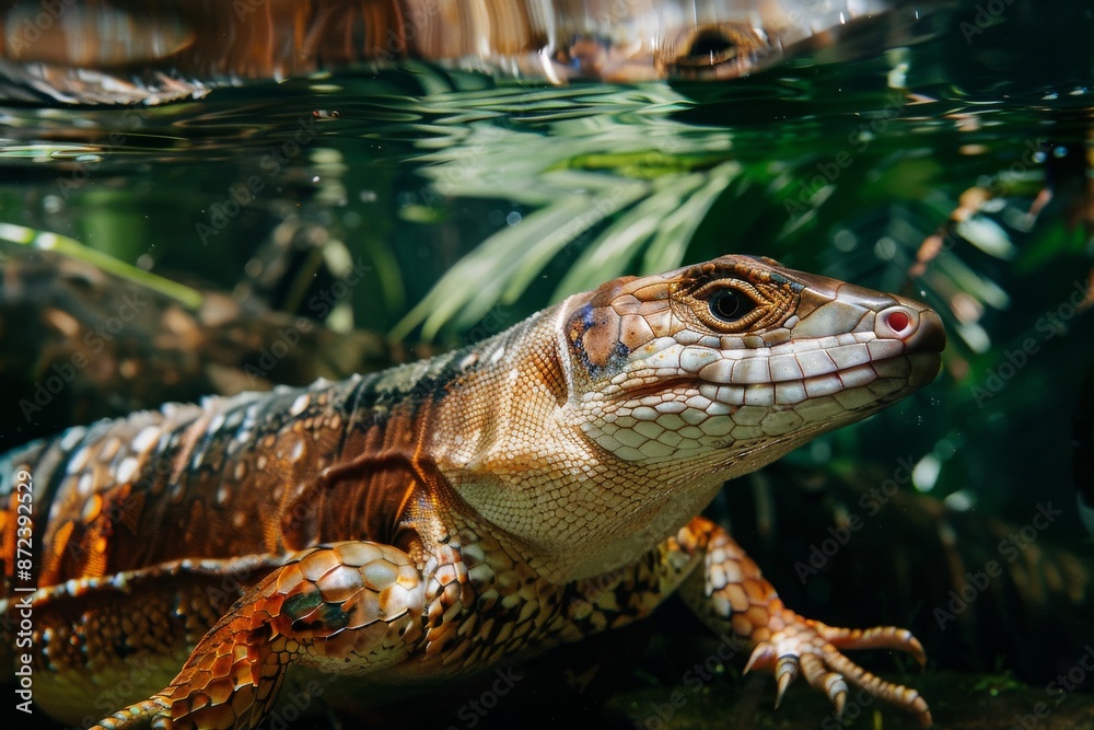 Full body view of Blue-tongued Skink in under water natural habitat, full body shot, full body View Full body view of Blue-tongued Skink in under water natural habitat, full body shot, full body View