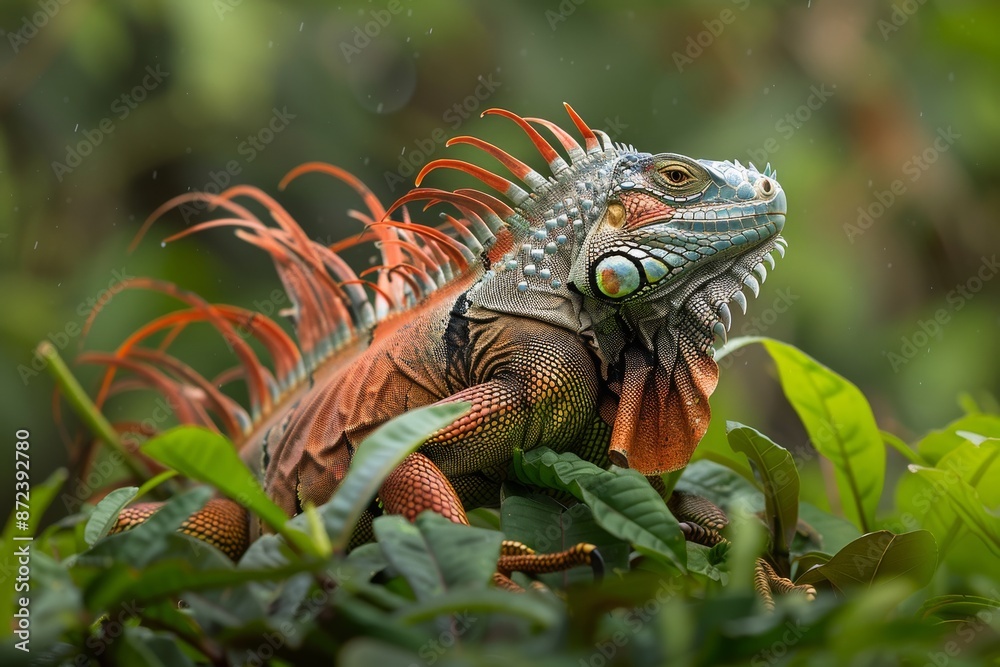 Fototapeta premium Full body view of Green Iguana in natural habitat, full body shot, full body View