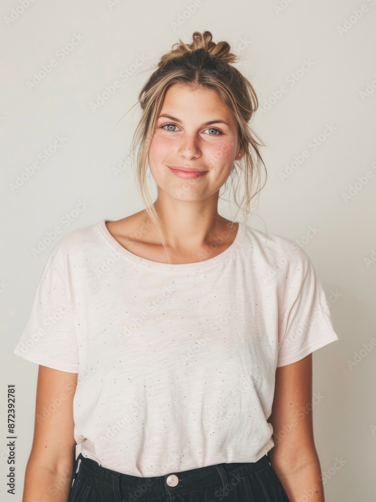 Mock up T-shirt. Portrait of a young blonde woman in a white T-shirt.