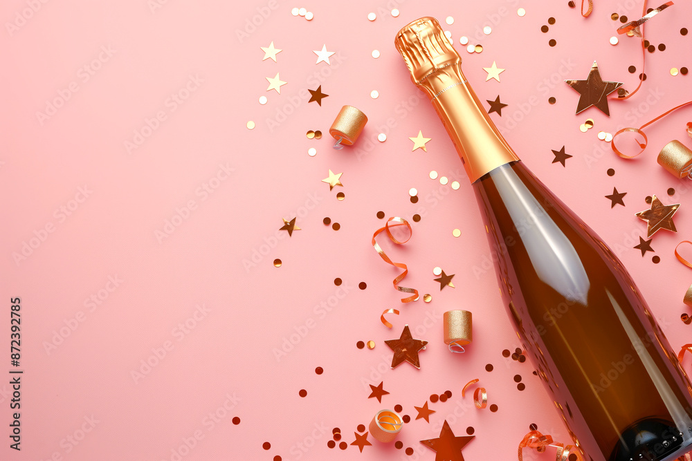 Fototapeta premium Celebration background with golden champagne bottle, confetti stars and party streamers. Christmas, birthday or wedding concept. Flat lay.