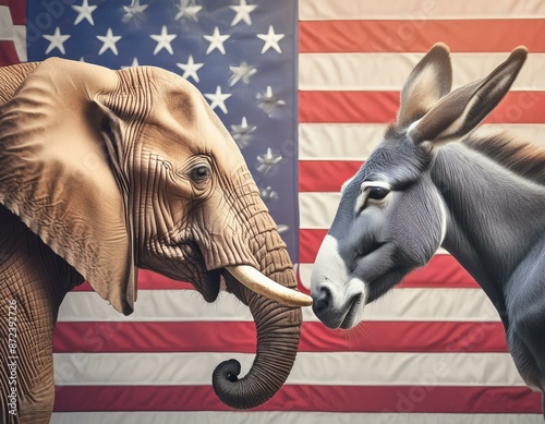 2024 Presidential Election, Democrats Vs. Republicans, Donkey and Elephant. USA Flag photo