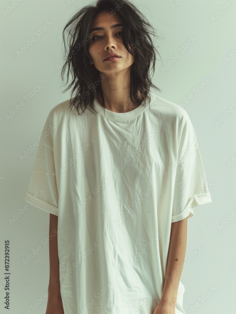 Fototapeta premium Mock up T-shirt. Asian woman in fashion white t-shirt on grey background.