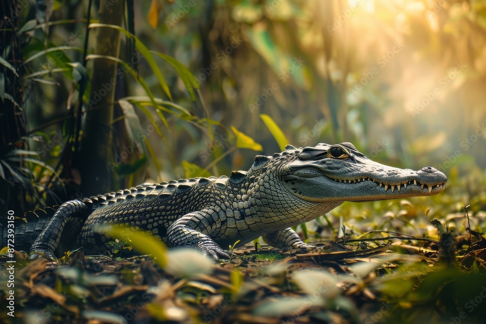 Fototapeta premium Full body view of Saltwater Crocodile in natural habitat, full body shot, full body View