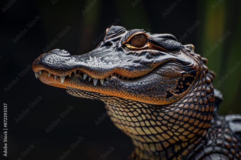 Fototapeta premium Mystic portrait of American Alligator, full body view, isolated on black background