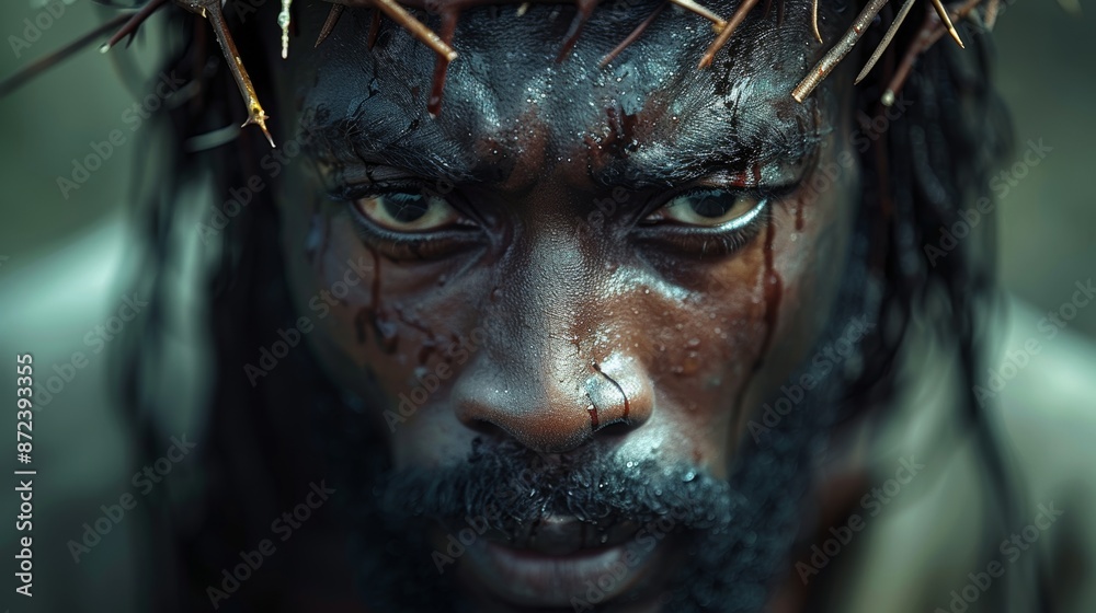 This is a photorealistic portrait of a black Jesus Christ wearing a crown of thorns on his head. This is a photorealistic portrait of a black Jesus Christ wearing a crown of thorns on his head.