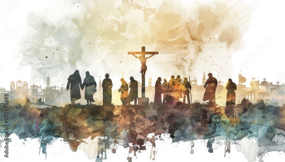Upon the Cross, Jesus bleeds out to death. Digital watercolor painting of Jesus' death on the Cross. Upon the Cross, Jesus bleeds out to death. Digital watercolor painting of Jesus' death on the Cross.