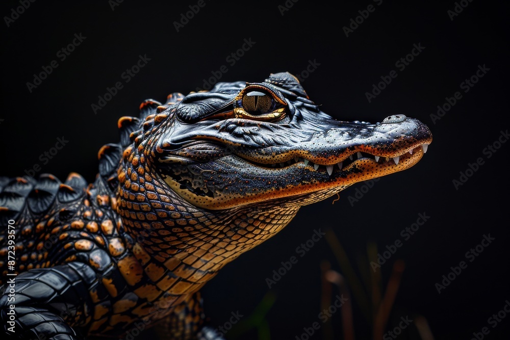 Fototapeta premium Mystic portrait of American Alligator, full body view, isolated on black background
