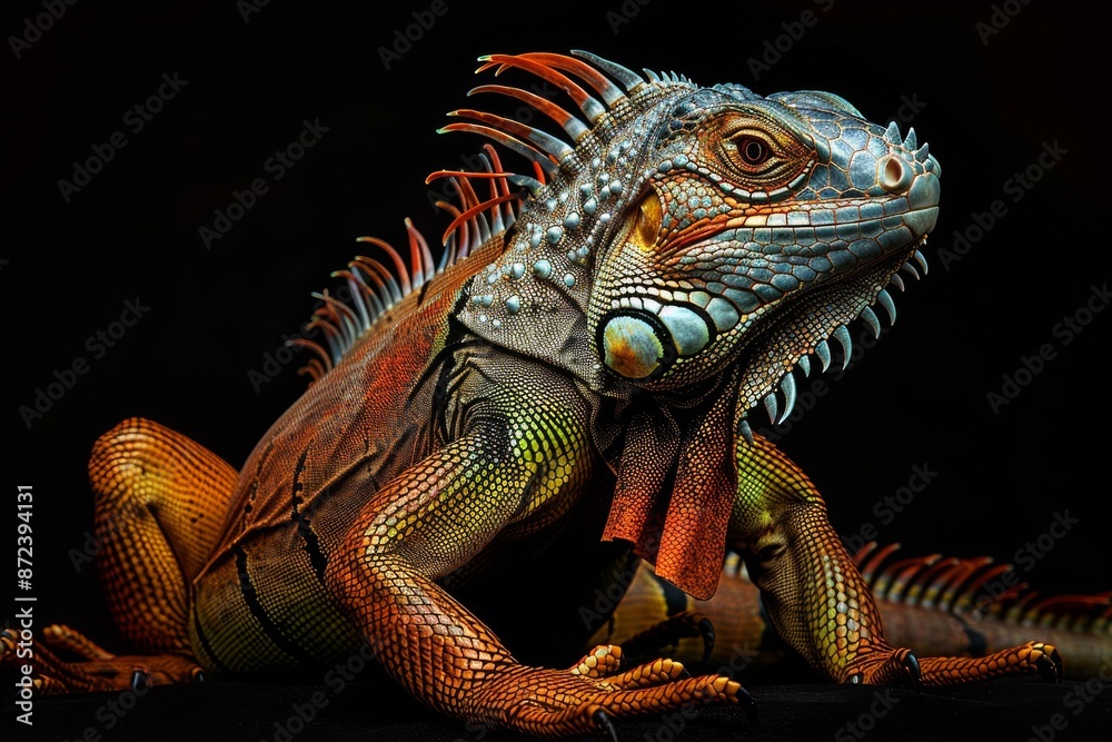 Fototapeta premium Mystic portrait of Green Iguana, full body view, isolated on black background