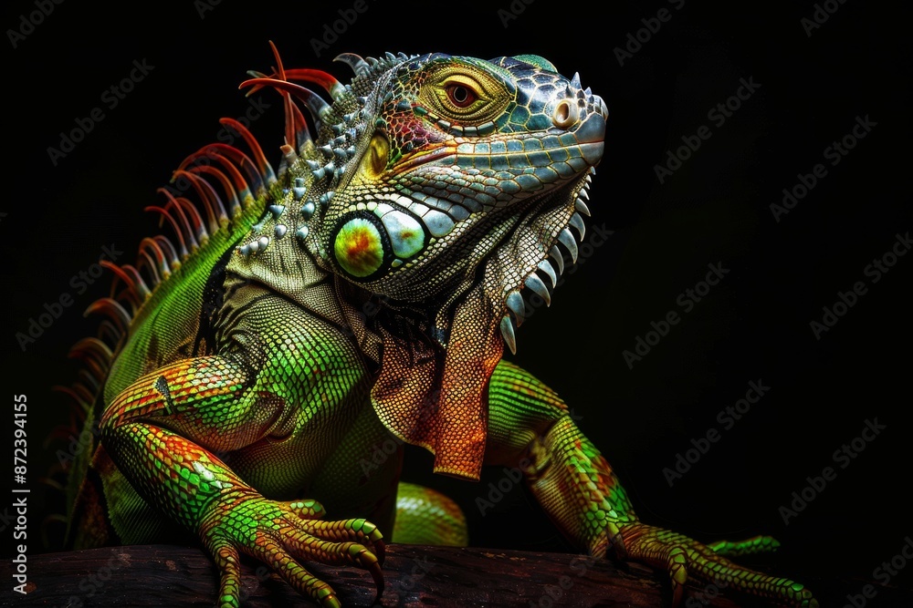 Obraz premium Mystic portrait of Green Iguana, full body view, isolated on black background