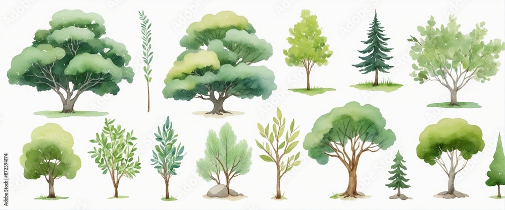 Watercolor trees symbols collection Watercolor trees symbols collection
