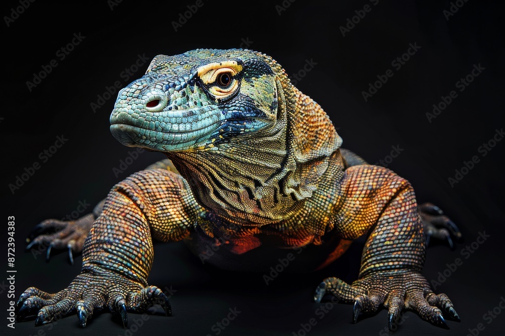 Obraz premium Mystic portrait of Komodo Dragon, full body view, isolated on black background