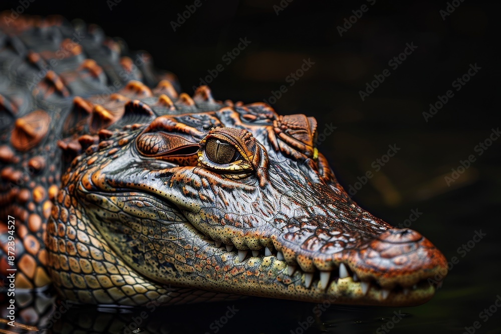 Obraz premium Mystic portrait of Nile Crocodile, full body view, isolated on black background