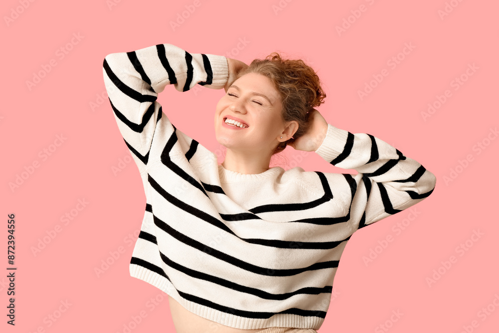 Happy beautiful young woman on pink background Happy beautiful young woman on pink background