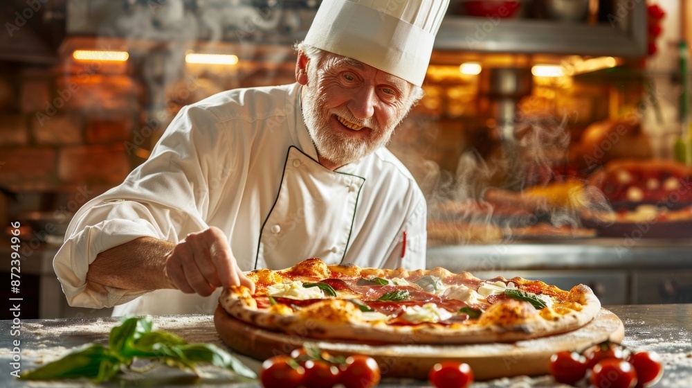 skilled man in a chefs hat meticulously preparing a delicious pizza with precision and expertise. skilled man in a chefs hat meticulously preparing a delicious pizza with precision and expertise.