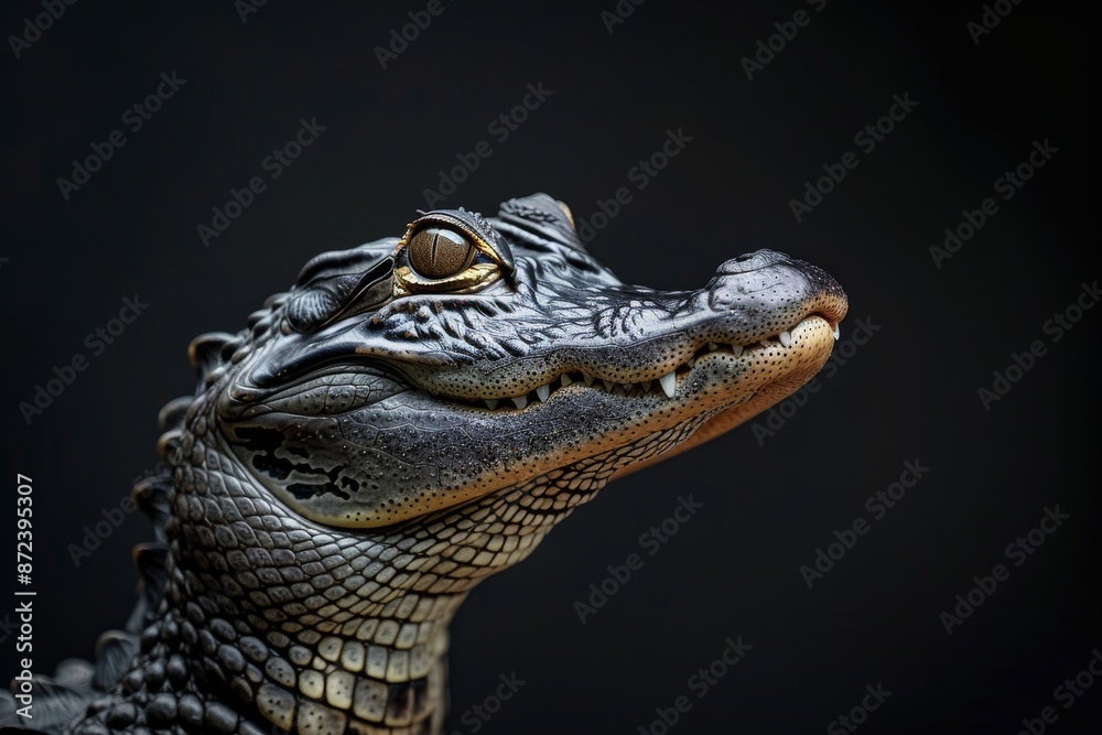 Fototapeta premium the beside view American Alligator, left side view, white copy space on right, isolated on black background
