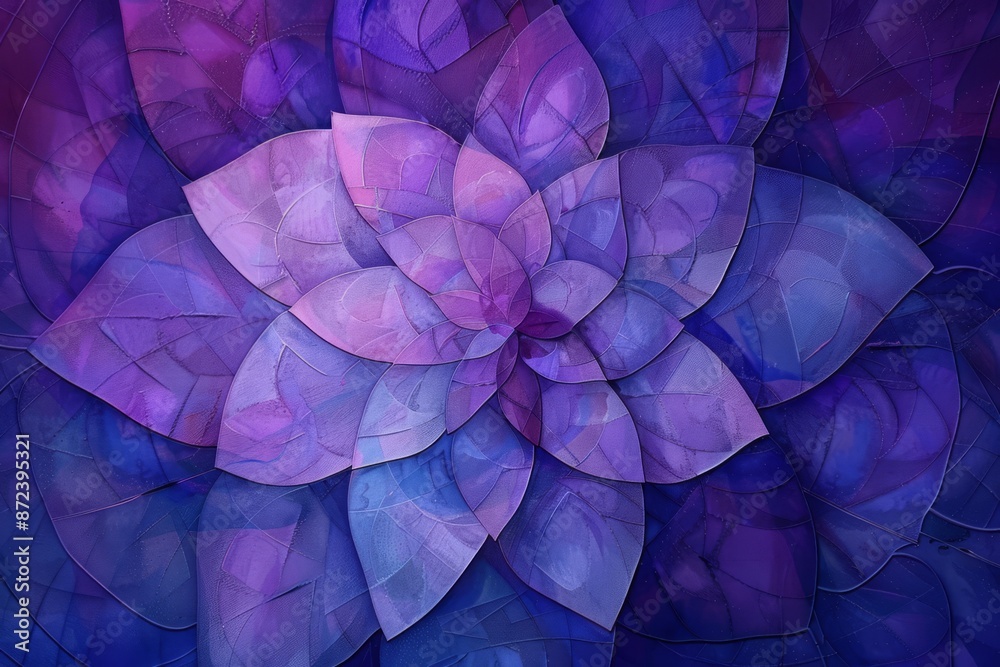 Abstract purple flower, layered petals in shades of violet and blue, geometric patterns, textured artwork, digital floral illustration Abstract purple flower, layered petals in shades of violet and blue, geometric patterns, textured artwork, digital floral illustration