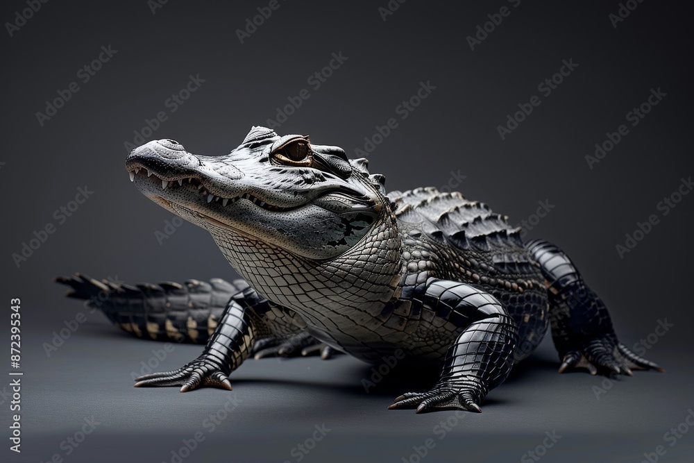 Naklejka premium the beside view American Alligator, left side view, white copy space on right, isolated on black background