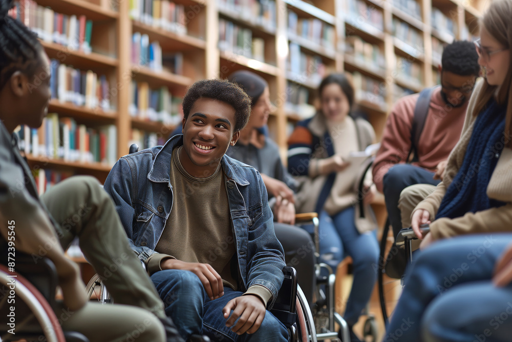Diverse College Students Gather in a Library Setting Diverse College Students Gather in a Library Setting