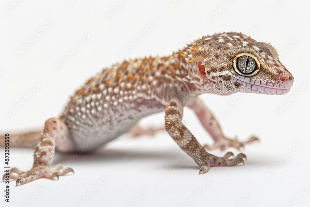 Naklejka premium the beside view Common House Gecko, left side view, white copy space on right, dutch angle view, isolated on white background