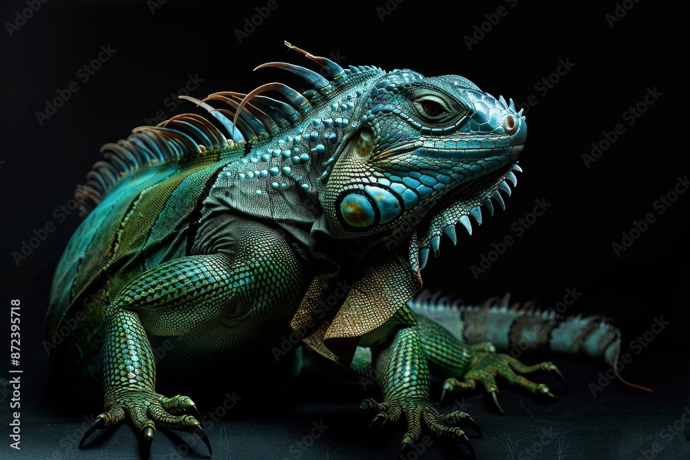 Obraz premium the beside view Green Iguana, left side view, white copy space on right, isolated on black background