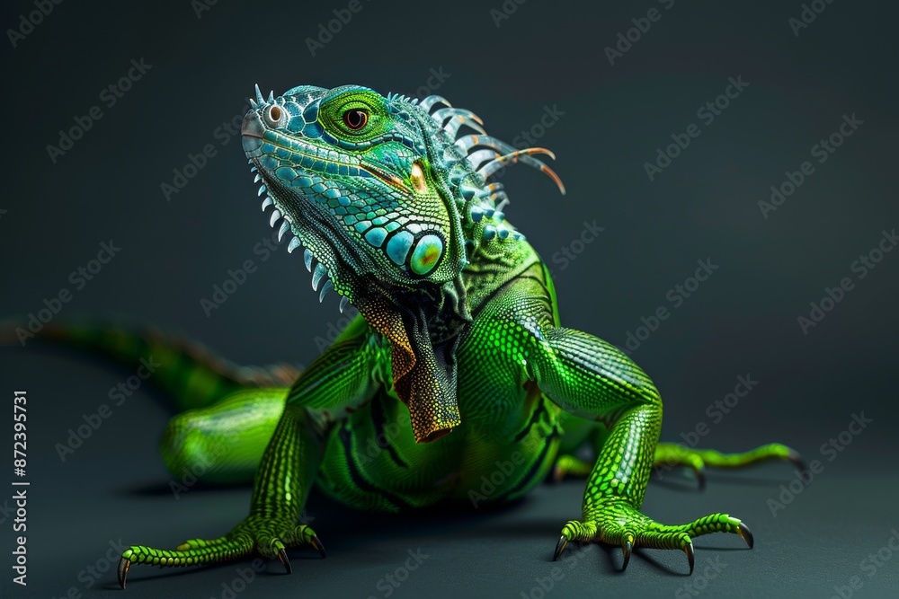 Obraz premium the beside view Green Iguana, left side view, white copy space on right, isolated on black background