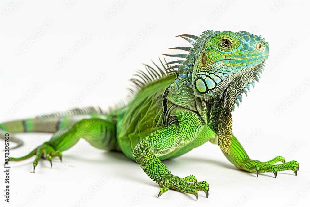 Fototapeta premium the beside view Green Iguana, left side view, white copy space on right, dutch angle view, isolated on white background