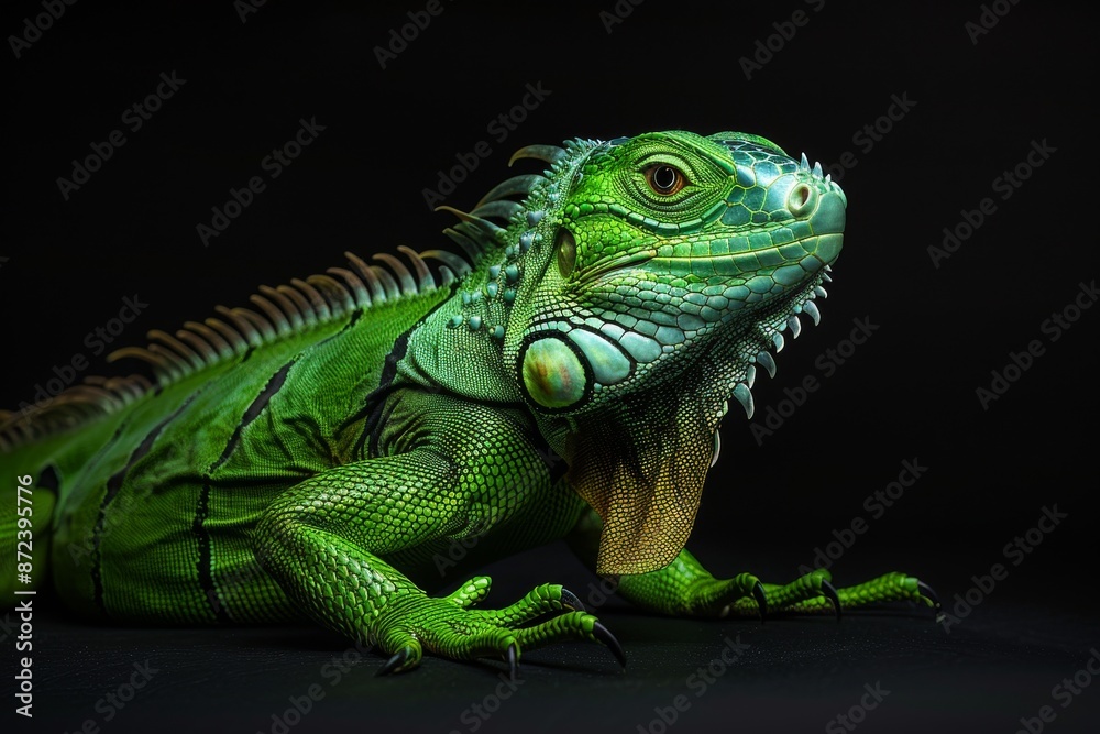Fototapeta premium the beside view Green Iguana, left side view, white copy space on right, isolated on black background