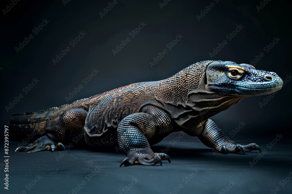 Fototapeta premium the beside view Komodo Dragon, left side view, white copy space on right, isolated on black background