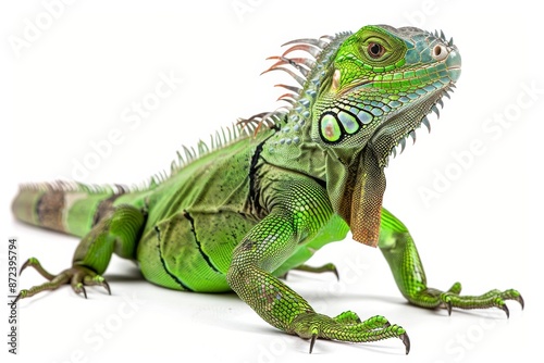 the beside view Green Iguana, left side view, white copy space on right, dutch angle view, isolated on white background © Tebha Workspace