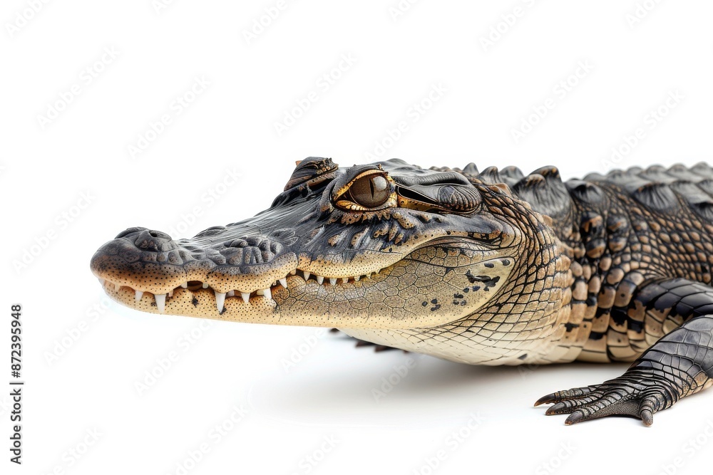 Obraz premium the beside view Nile Crocodile, left side view, white copy space on right, dutch angle view, isolated on white background