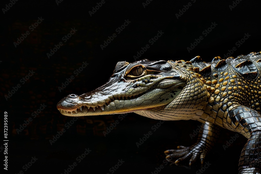 Fototapeta premium the beside view Nile Crocodile, left side view, white copy space on right, isolated on black background
