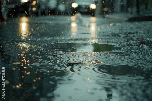 Rainfall on a wet street creates splashes and ripples in puddles. Car headlights in the background reflect off the glistening surface, adding a warm glow.